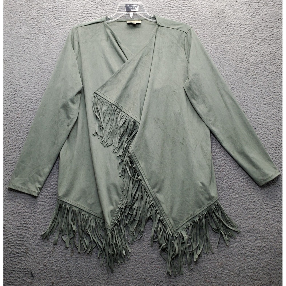 DG2 Diane Gilman Cardigan Womens XL Green Faux Suede Fringe Stretch Open Front